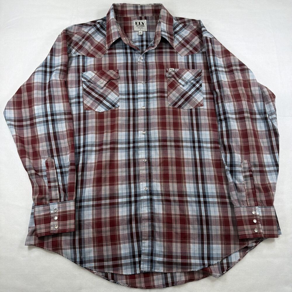 Ely Cattleman Plaid Western Pearl Snap Shirt Mens XXL Red Blue Long Sleeve